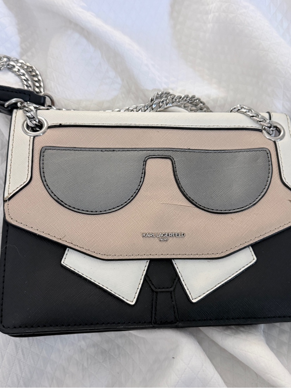 Karl Lagerfeld Black, White, Blush & Gray Face-Detail Crossbody Bag